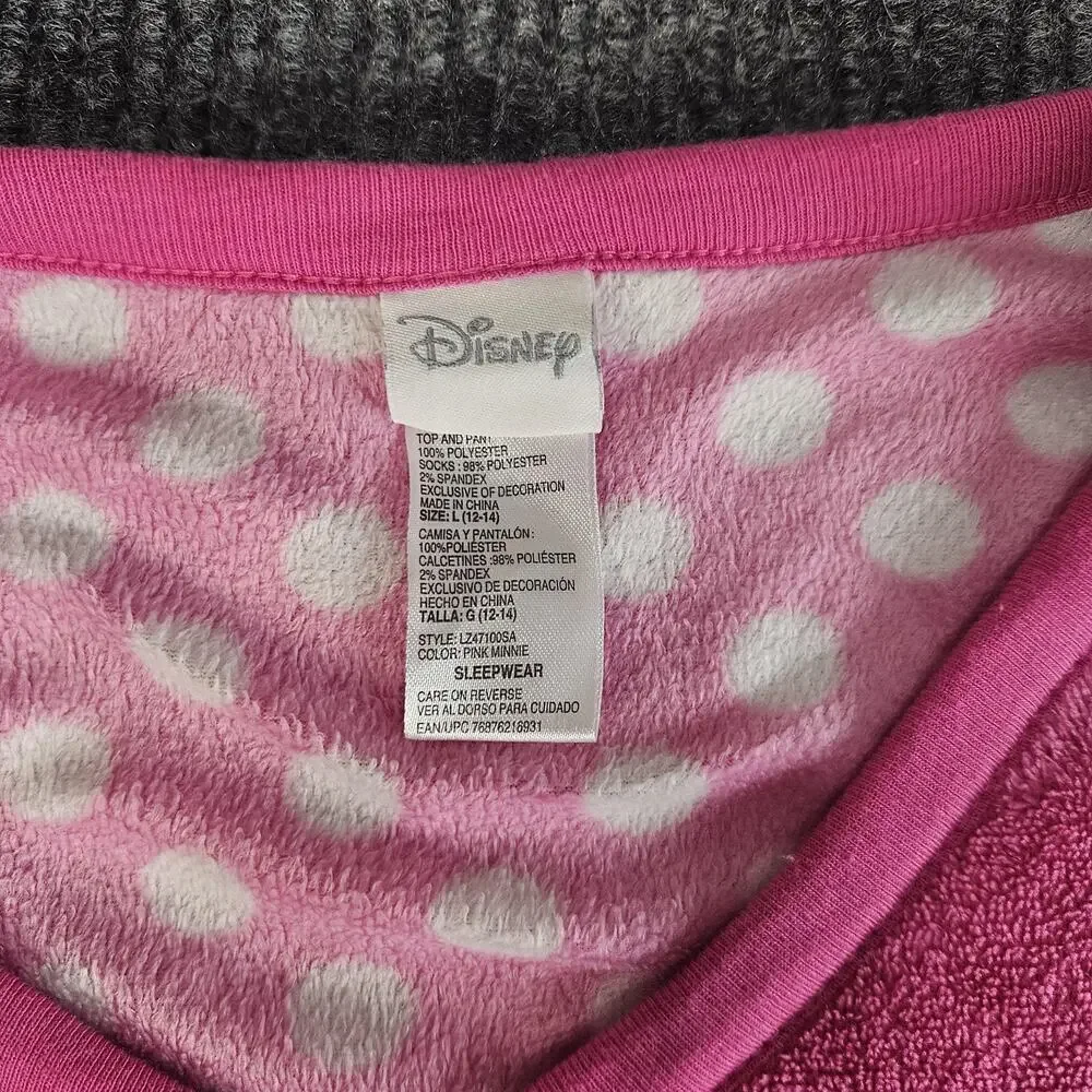 Disney Minnie Mouse Shirt Girls LARGE Pink Fleece Sleepwear Long Sleeve‎ Graphic - Picture 4 of 13